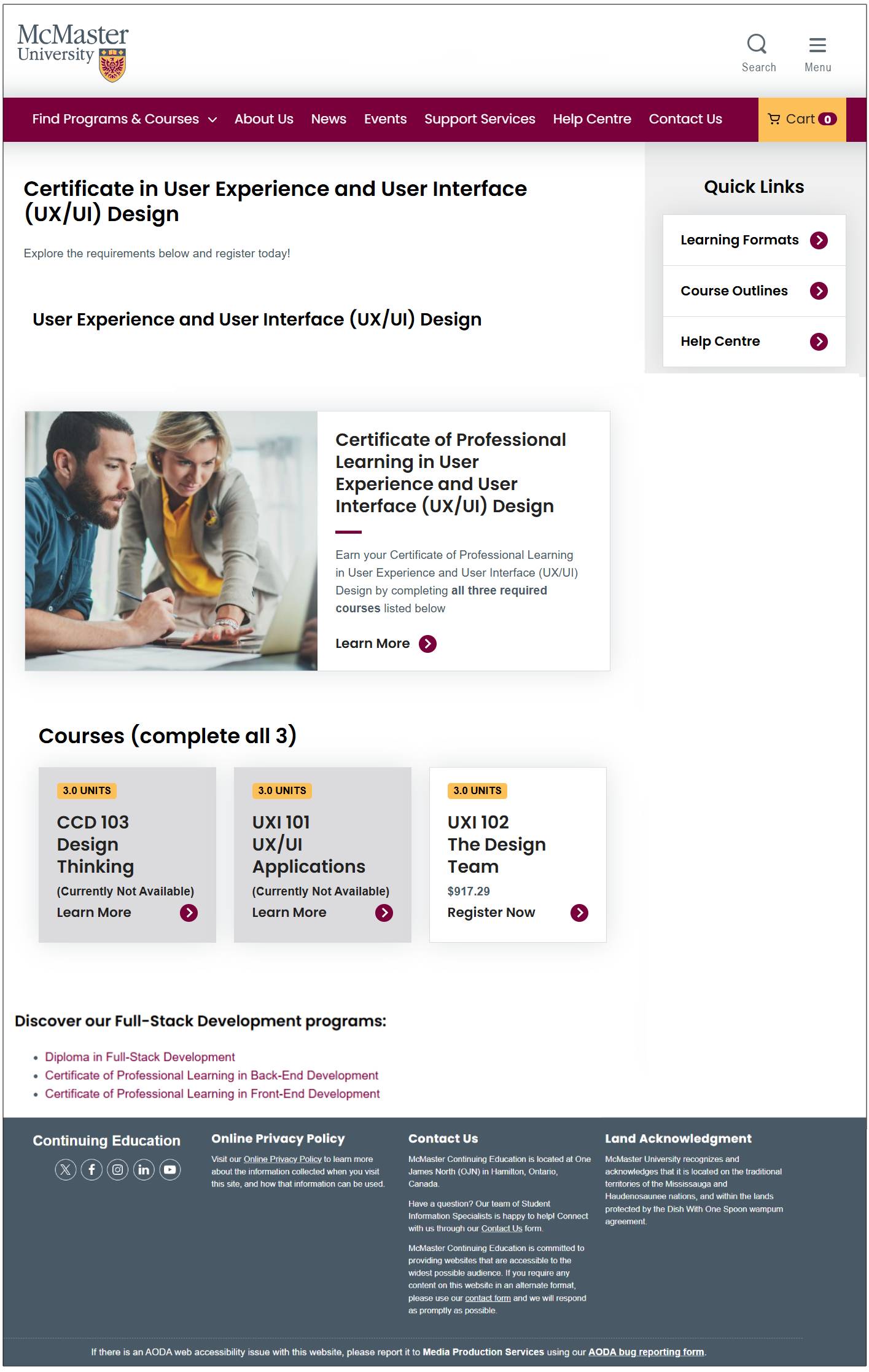 McMaster Continuing Education landing page specifically for the UX/UI certificate program, showing a separate entry point with different hierarchy and messaging.