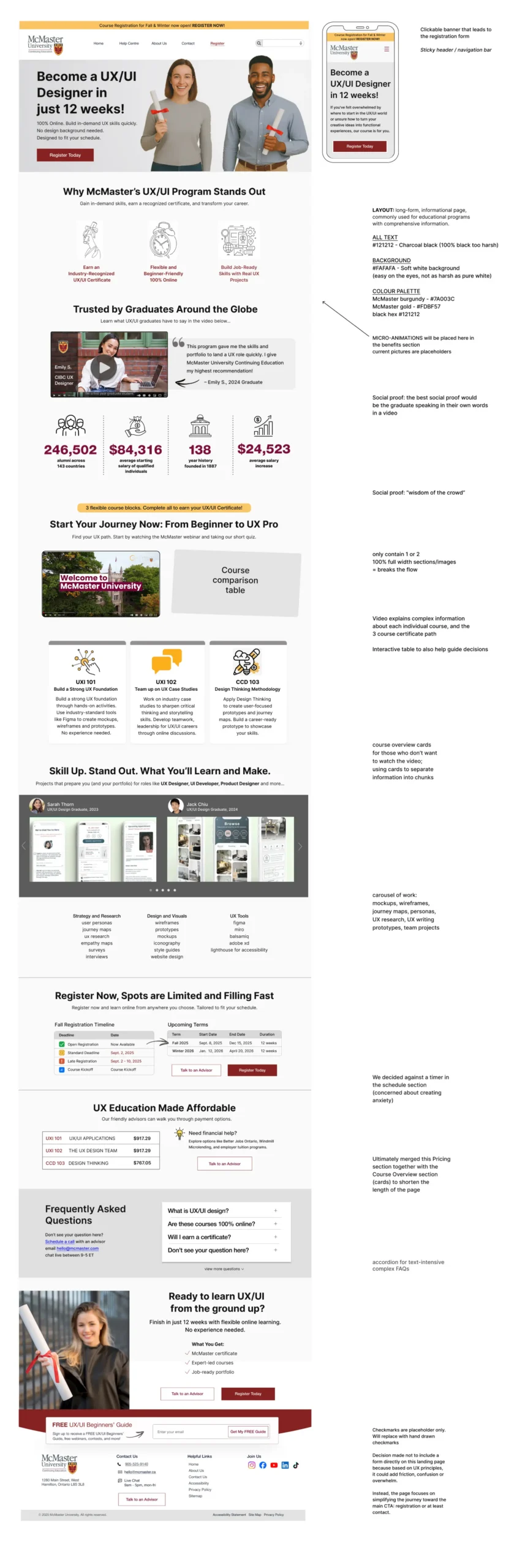 Annotated mockup of the McMaster UX/UI program landing page, with callouts explaining design decisions related to hierarchy, clarity, information reduction, and improvements to the registration experience.