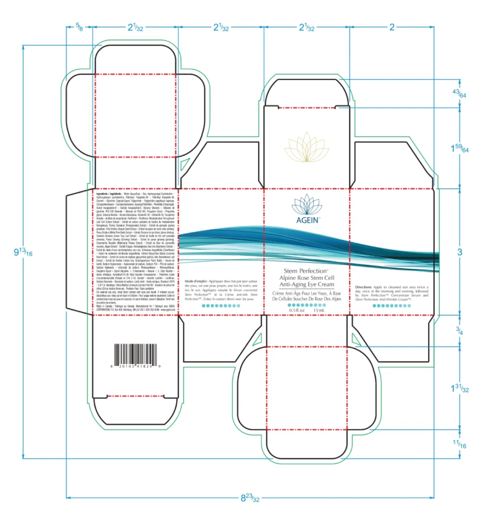 Flat packaging dieline for an Agein skincare box showing fold lines, cut lines, product graphics, ingredient panels, and a barcode, used to document print specifications for manufacturing.