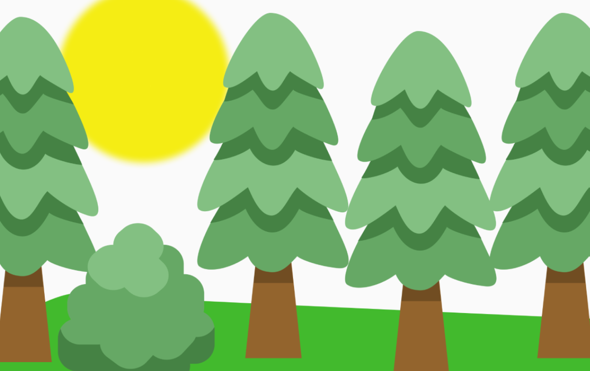 Illustrated landscape with stylized trees, hills, and pathways representing a conceptual outdoor‑play environment created during a design‑thinking project.