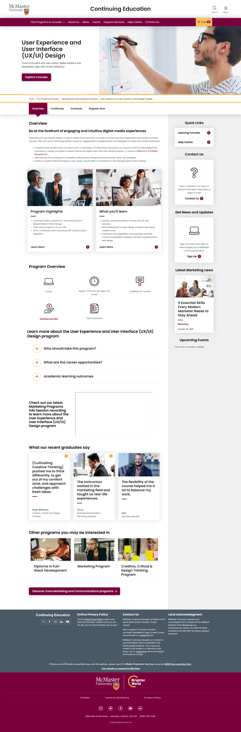 McMaster Continuing Education landing page showing a general Continuing Education overview with broad program categories, illustrating one of the competing entry points students encountered.