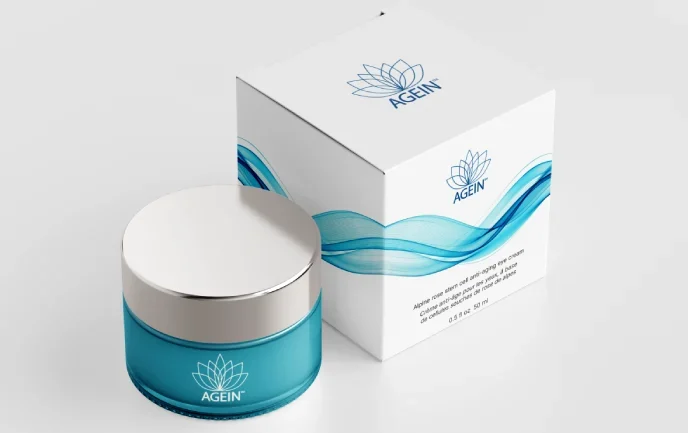 Redesigned Agein packaging shown in a turquoise jar with a wave‑pattern box, representing the new brighter, trust‑driven direct‑to‑consumer system for seniors.