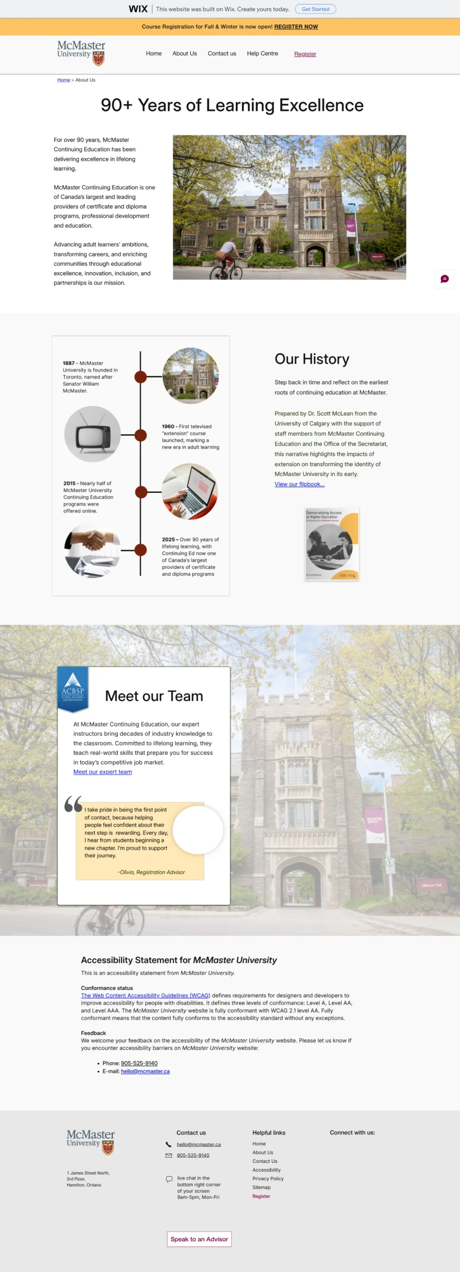 Page showcasing McMaster’s history and credibility, including institutional background, team information, and trust‑building content that supports the program’s value.
