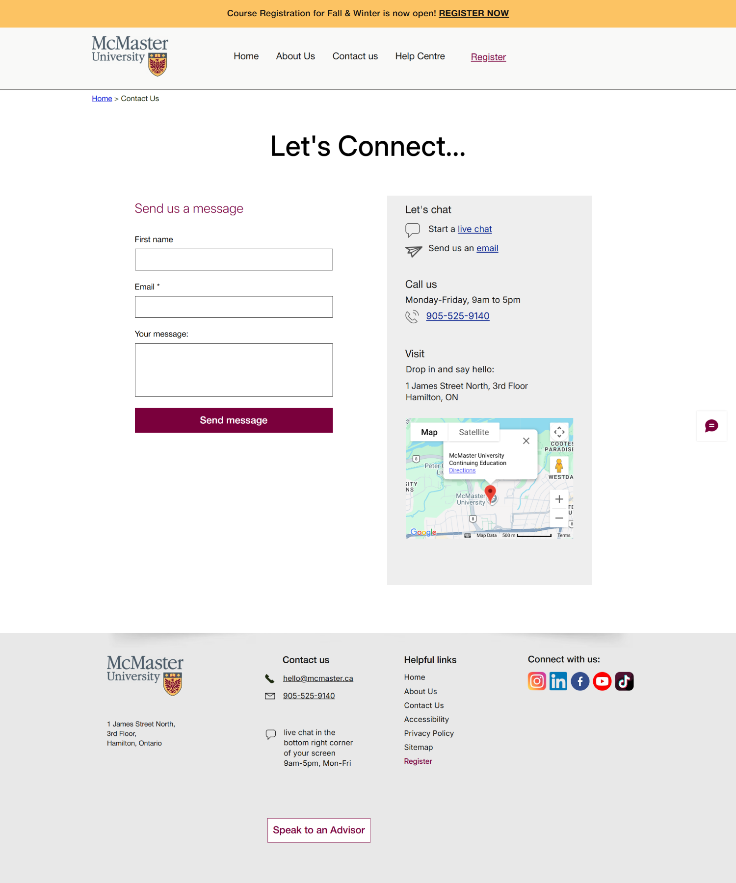 Contact page with a simple inquiry form, location details, and support information, designed to make it easy for prospective students to reach the Continuing Education team.