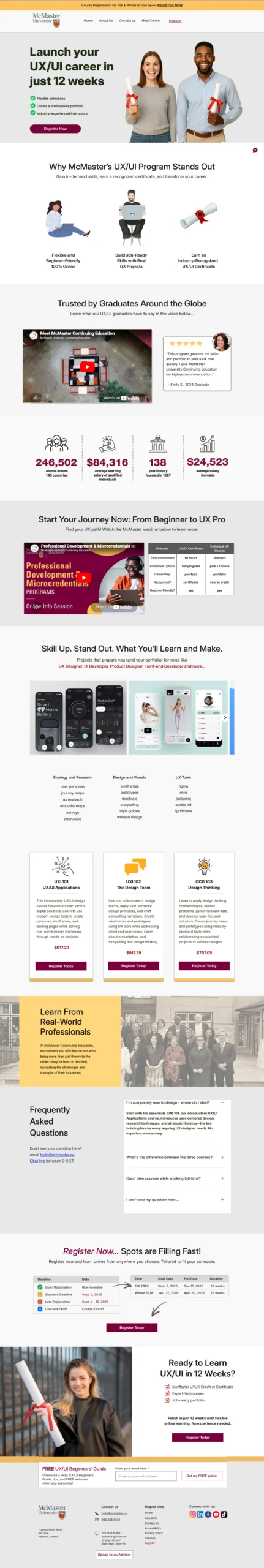 Redesigned hero and program overview page for the McMaster UX/UI program, highlighting the value proposition, key benefits, and a clear call‑to‑action to register.