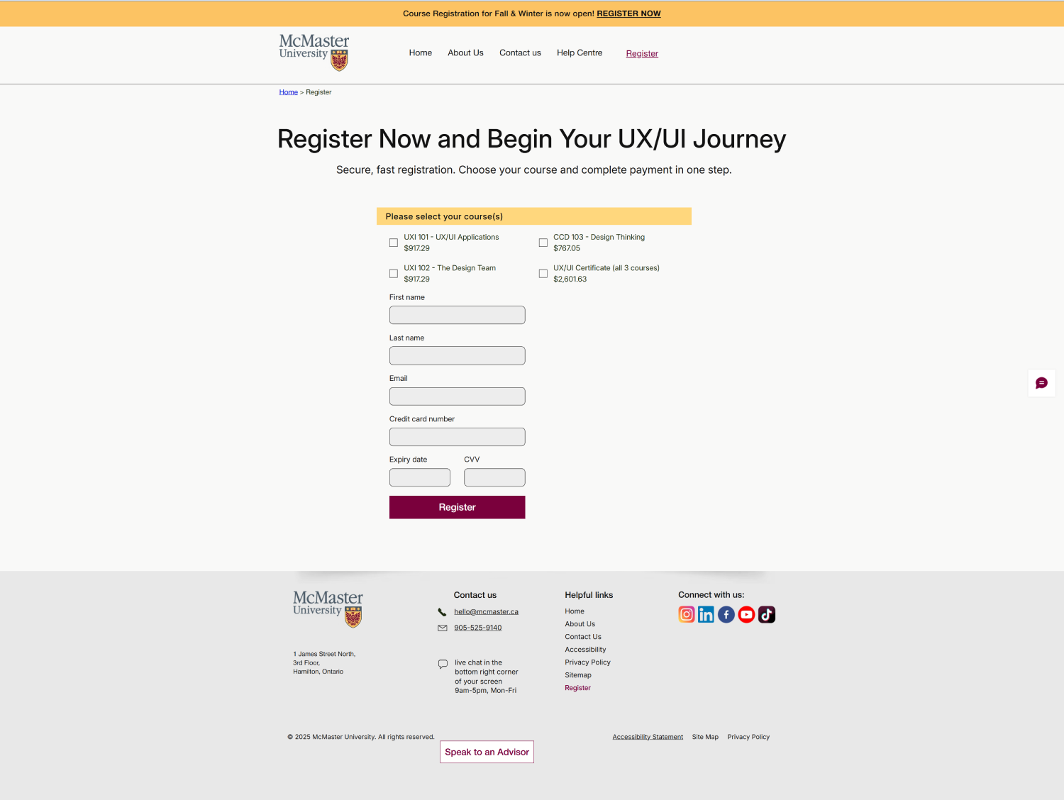 Streamlined registration form for the UX/UI program, consolidating essential fields into a clear, accessible layout to reduce friction and support quick enrollment.