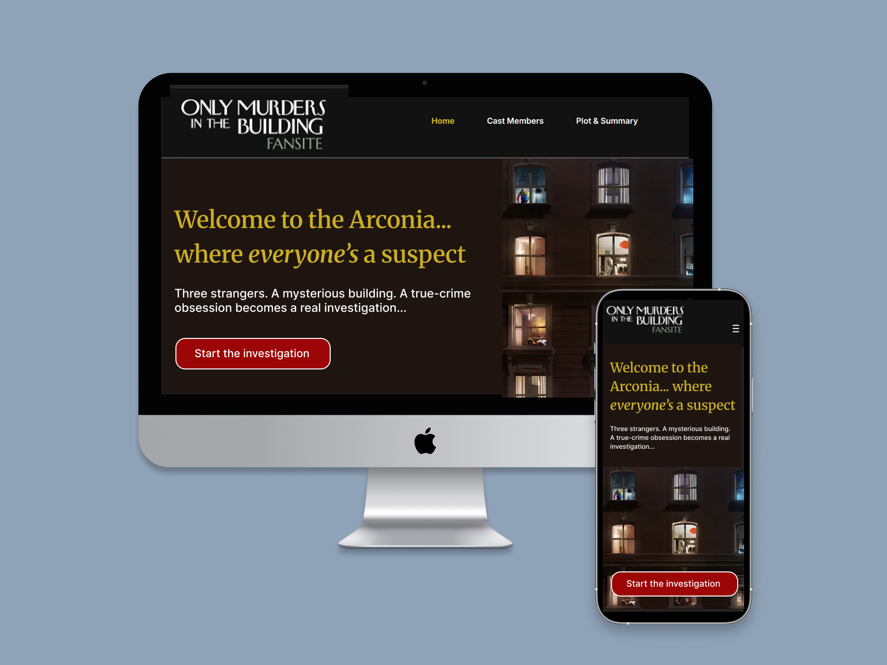 Desktop and mobile screens displaying a dark, mysterious fansite design with a New York apartment building at night, yellow window lights, and bold typography for “Only Murders in the Building."