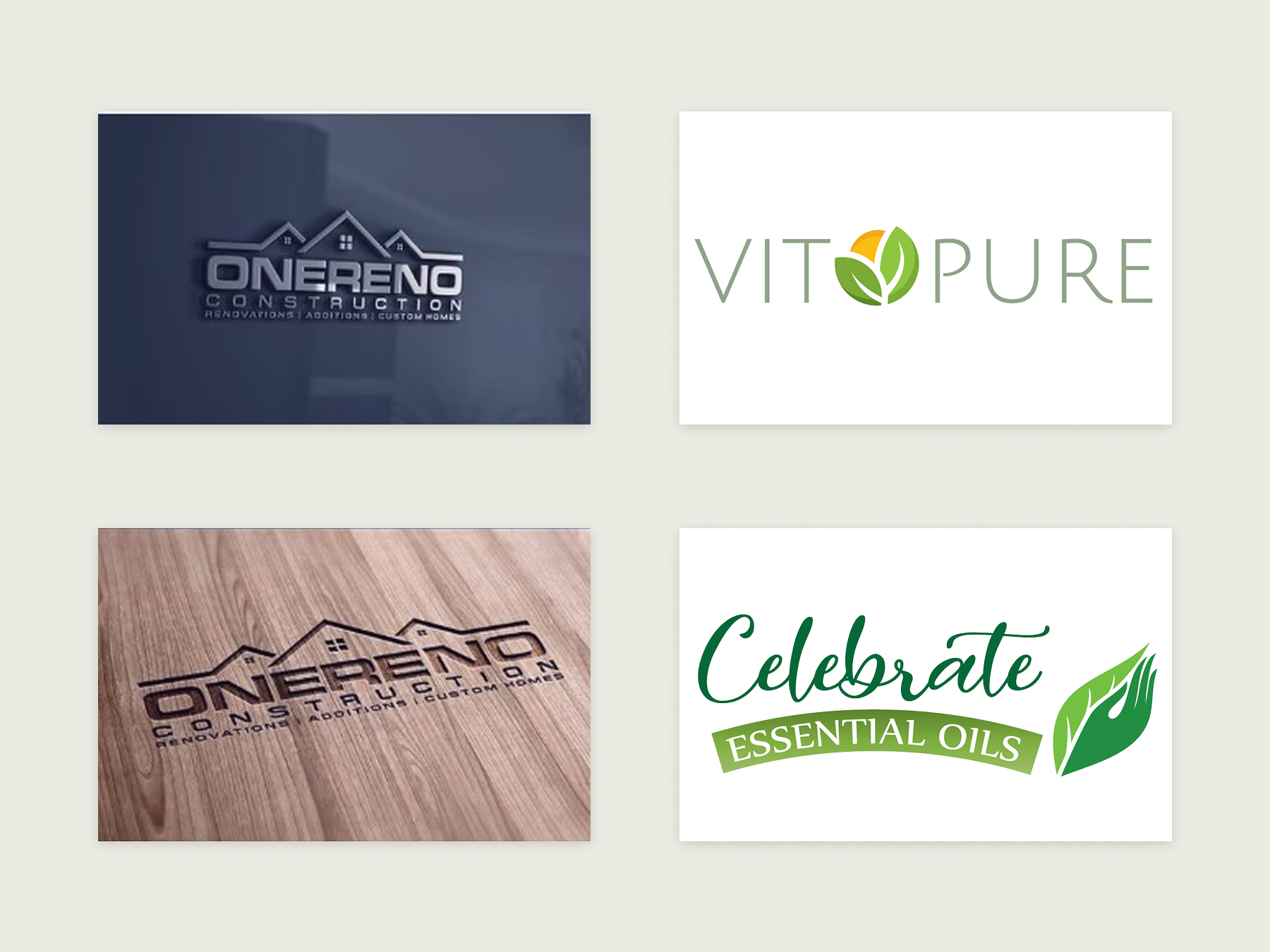 Four logo designs displayed in a grid, showcasing construction and wellness brand identities in metallic, wood‑engraved, and clean vector styles.