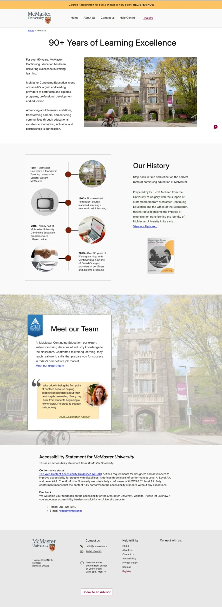 Page showcasing McMaster’s history and credibility, including institutional background, team information, and trust‑building content that supports the program’s value.
