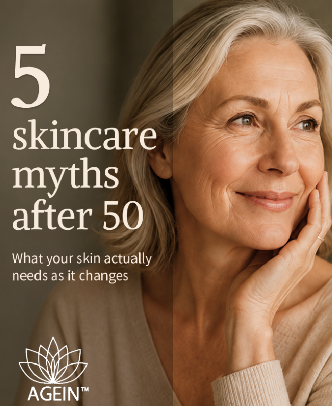 Instagram carousel overview slide showing a portrait beside a summary of five skincare myths after age 50. The slide introduces myths about natural skincare, expensive products, wrinkles, product quantity, and changing routines.