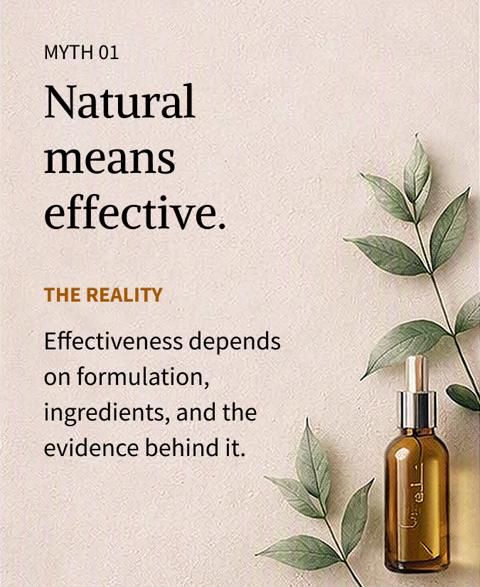 Educational skincare slide titled "Myth 01: Natural means effective." Decorative botanical elements and skincare bottle imagery accompany text explaining that effectiveness depends on formulation, ingredients, and evidence behind products.