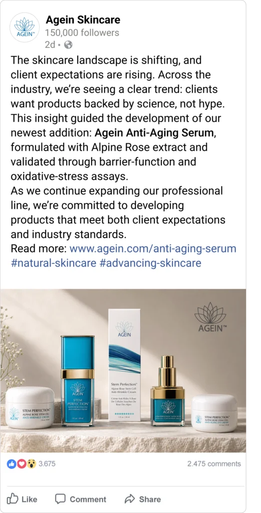 LinkedIn post from Agein Skincare discussing skincare industry trends and evidence-based product development. The post includes an image of multiple skincare products and describes scientific approaches to anti-aging skincare formulations.