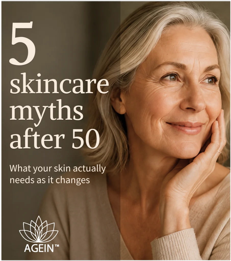 Instagram carousel cover for Agein Skincare featuring a portrait of a mature person against a soft neutral background. Large headline reads "5 skincare myths after 50" with subheading "What your skin actually needs as it changes." Agein logo appears in the lower left corner.